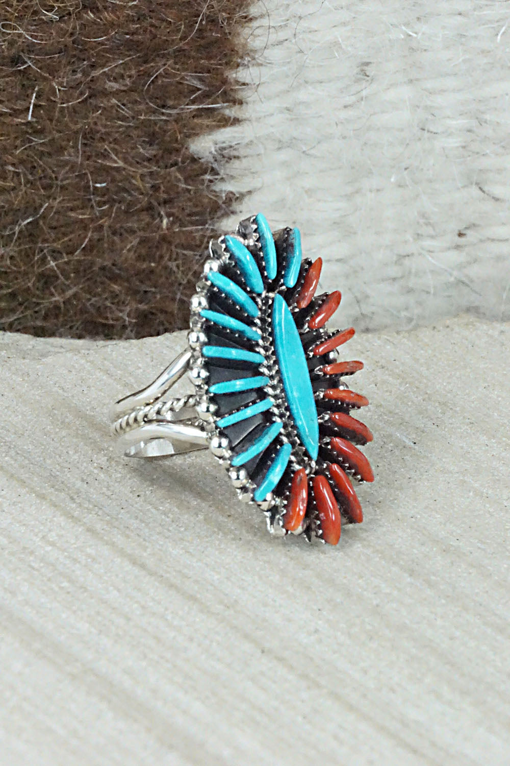 Turquoise, Coral and Sterling Silver Ring - Edmund Cooeyate - Size 6.5