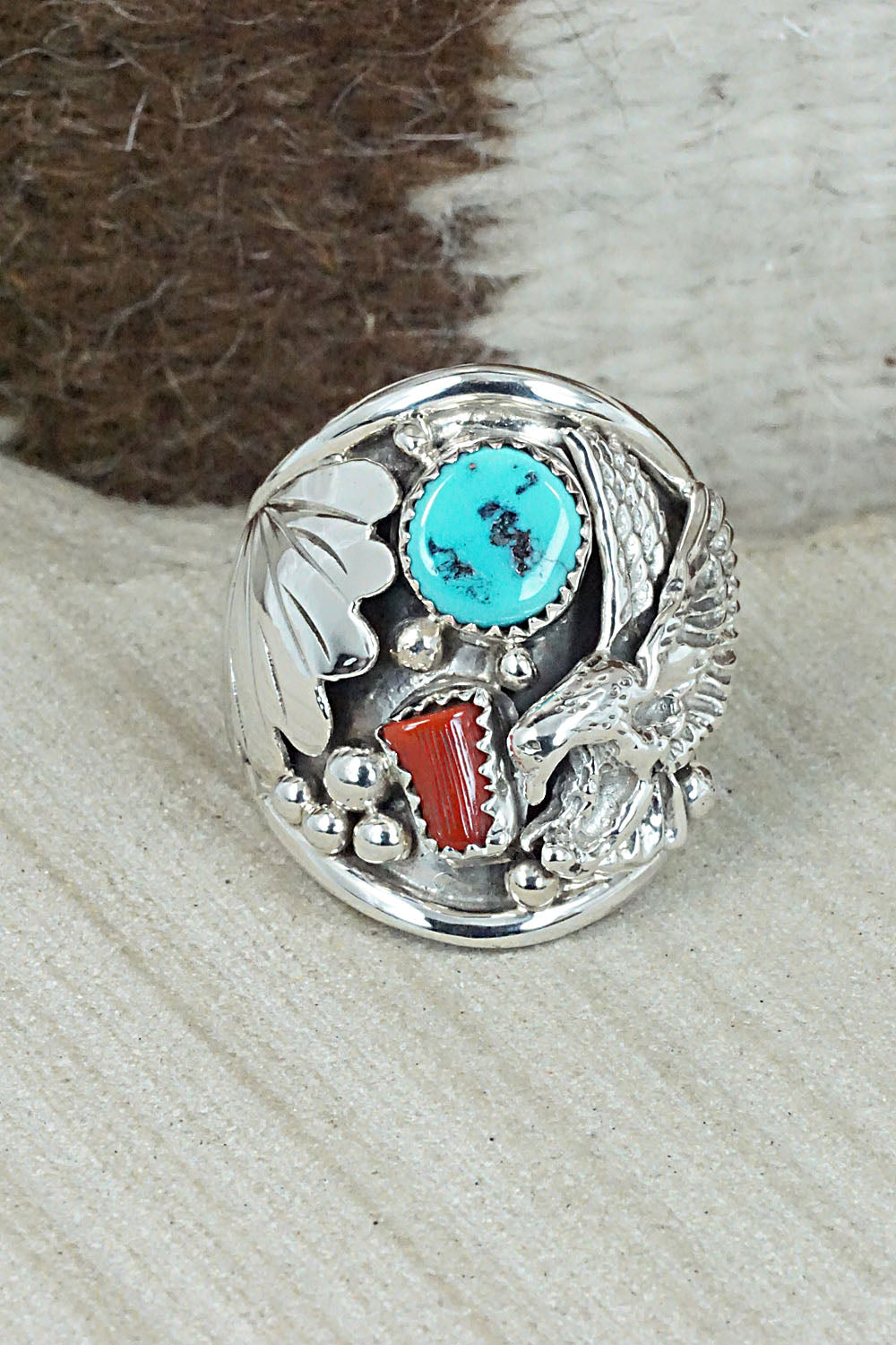 Turquoise, Coral & Sterling Silver Ring - Jeanette Calladitto - Size 10.5