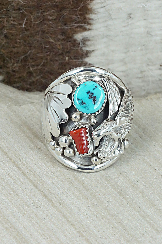 Turquoise, Coral & Sterling Silver Ring - Jeanette Calladitto - Size 10.5