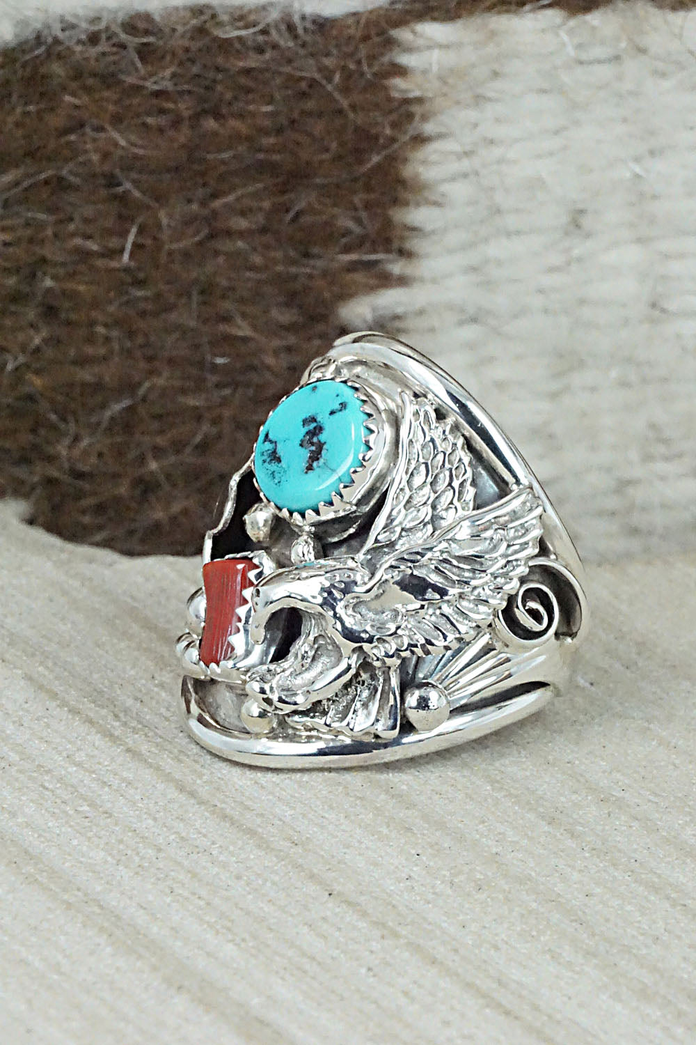 Turquoise, Coral & Sterling Silver Ring - Jeanette Calladitto - Size 10.5