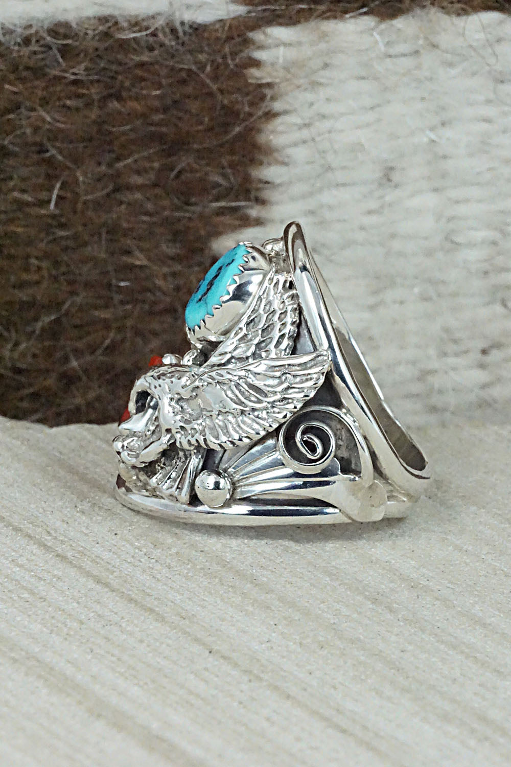 Turquoise, Coral & Sterling Silver Ring - Jeanette Calladitto - Size 10.5