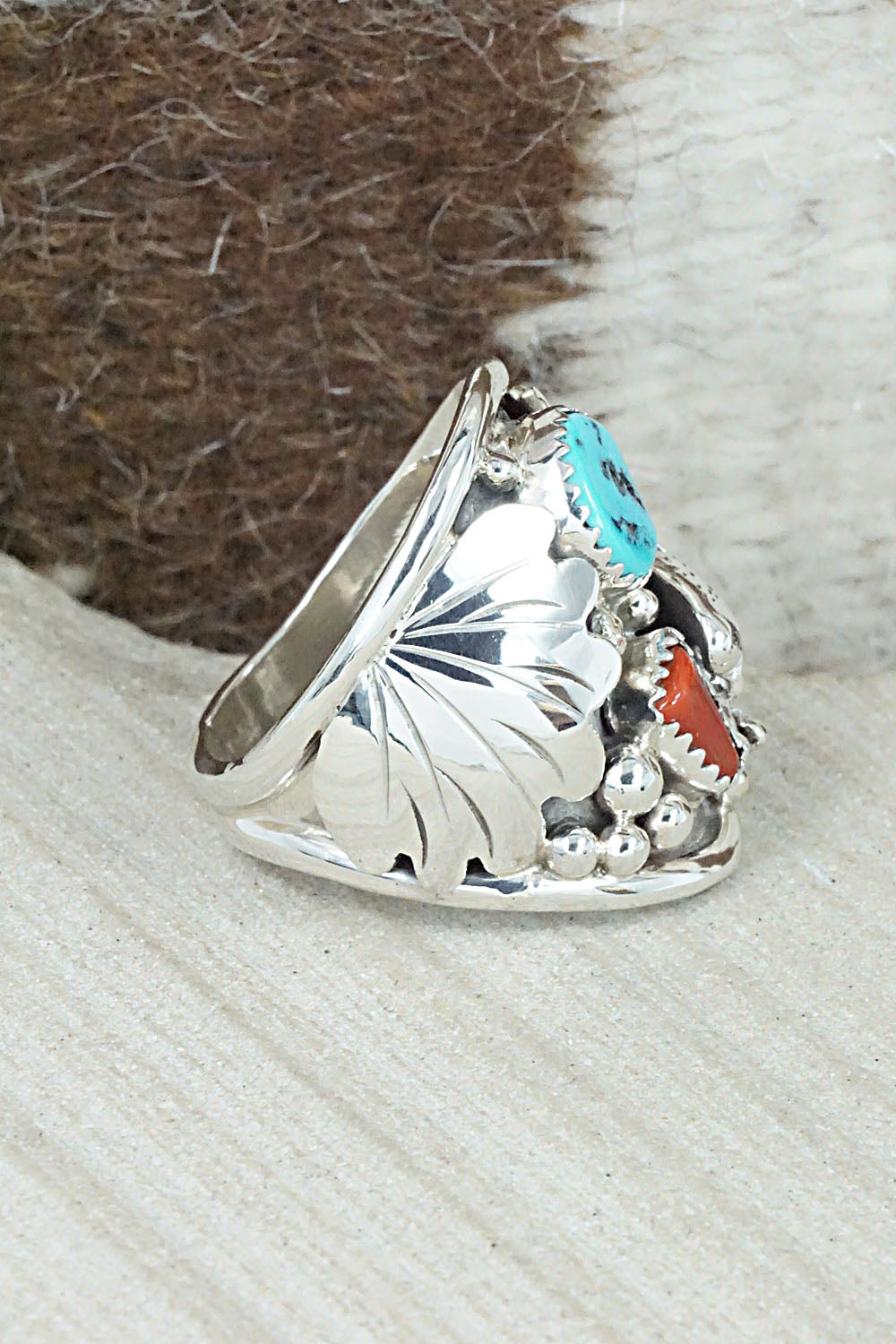 Turquoise, Coral & Sterling Silver Ring - Jeanette Calladitto - Size 10.5