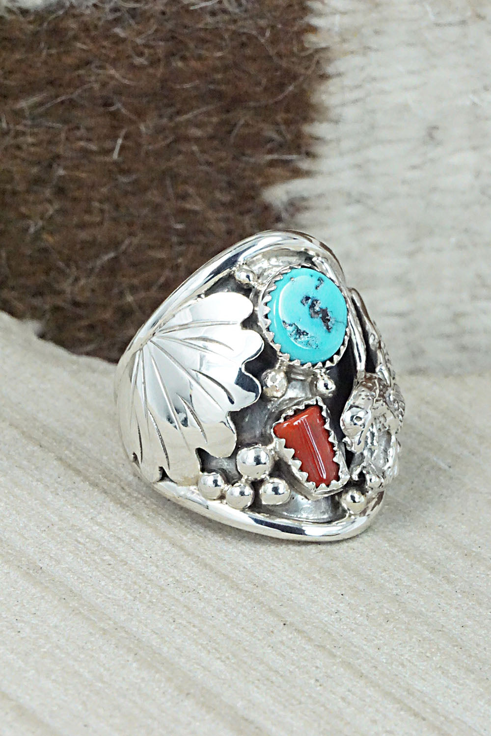 Turquoise, Coral & Sterling Silver Ring - Jeanette Calladitto - Size 10.5