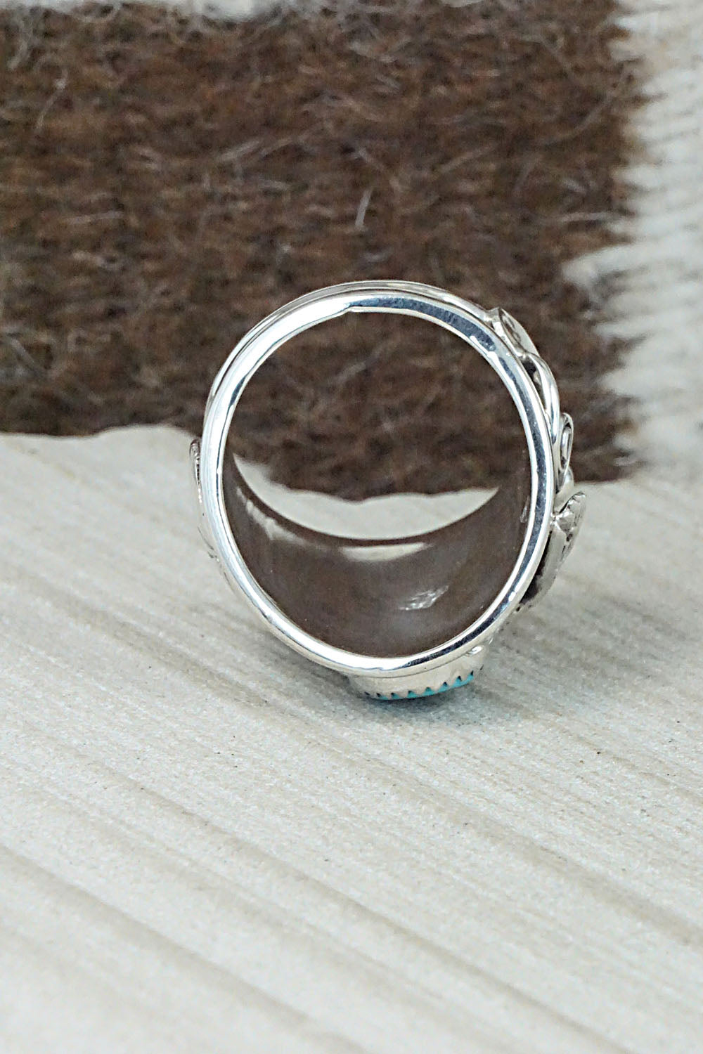 Turquoise, Coral & Sterling Silver Ring - Jeanette Calladitto - Size 10.5