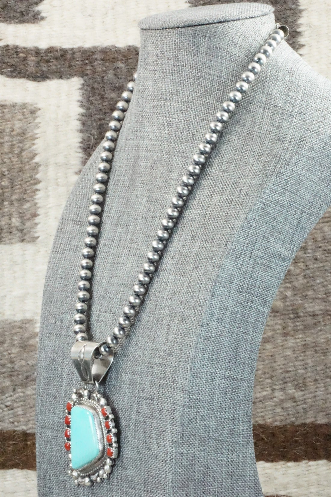 Turquoise, Coral Pendant & Sterling Silver Necklace - Tom Lewis