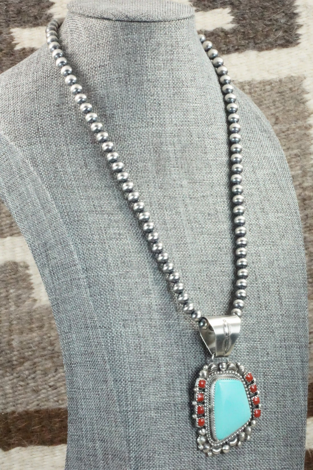 Turquoise, Coral Pendant & Sterling Silver Necklace - Tom Lewis