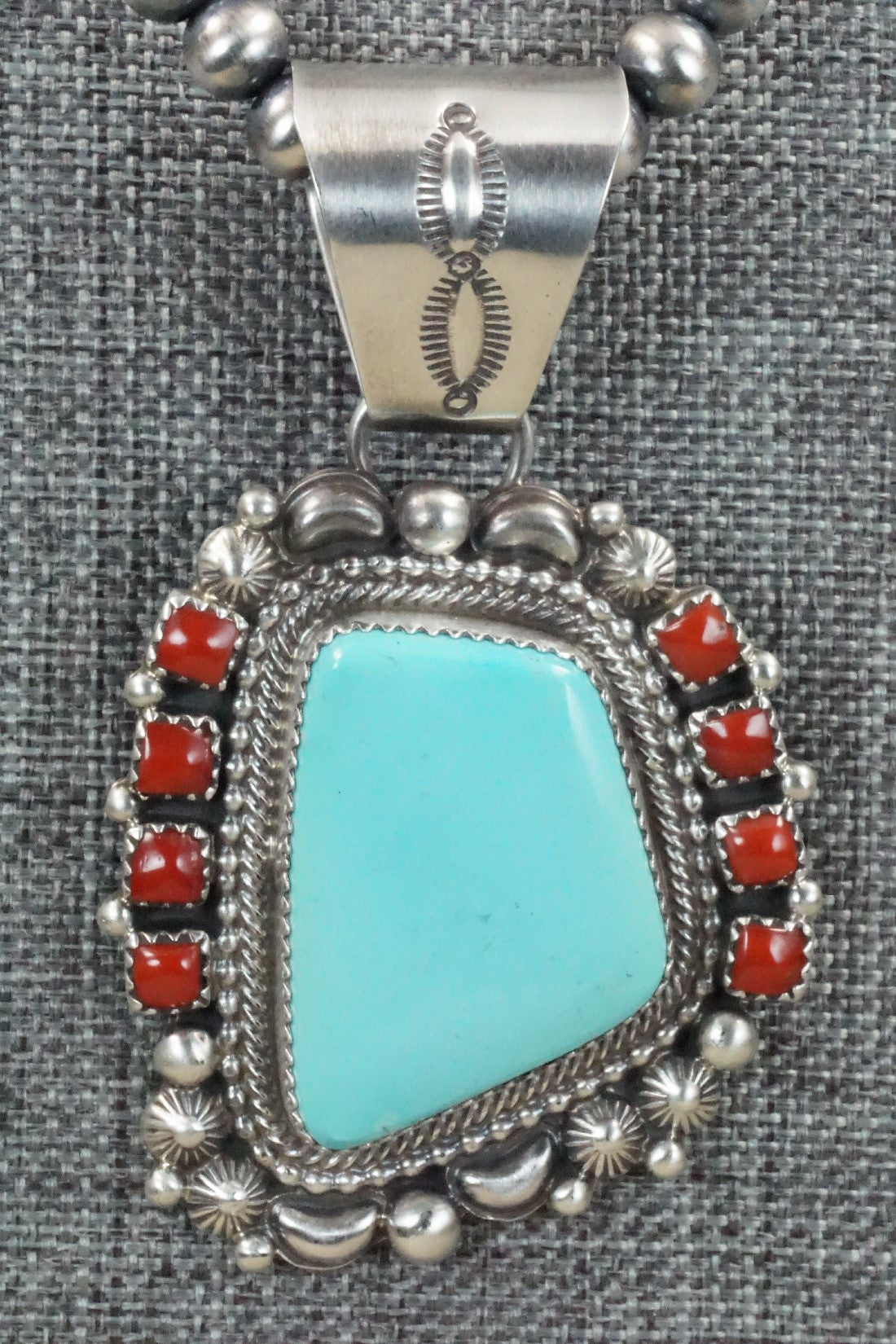 Turquoise, Coral Pendant & Sterling Silver Necklace - Tom Lewis