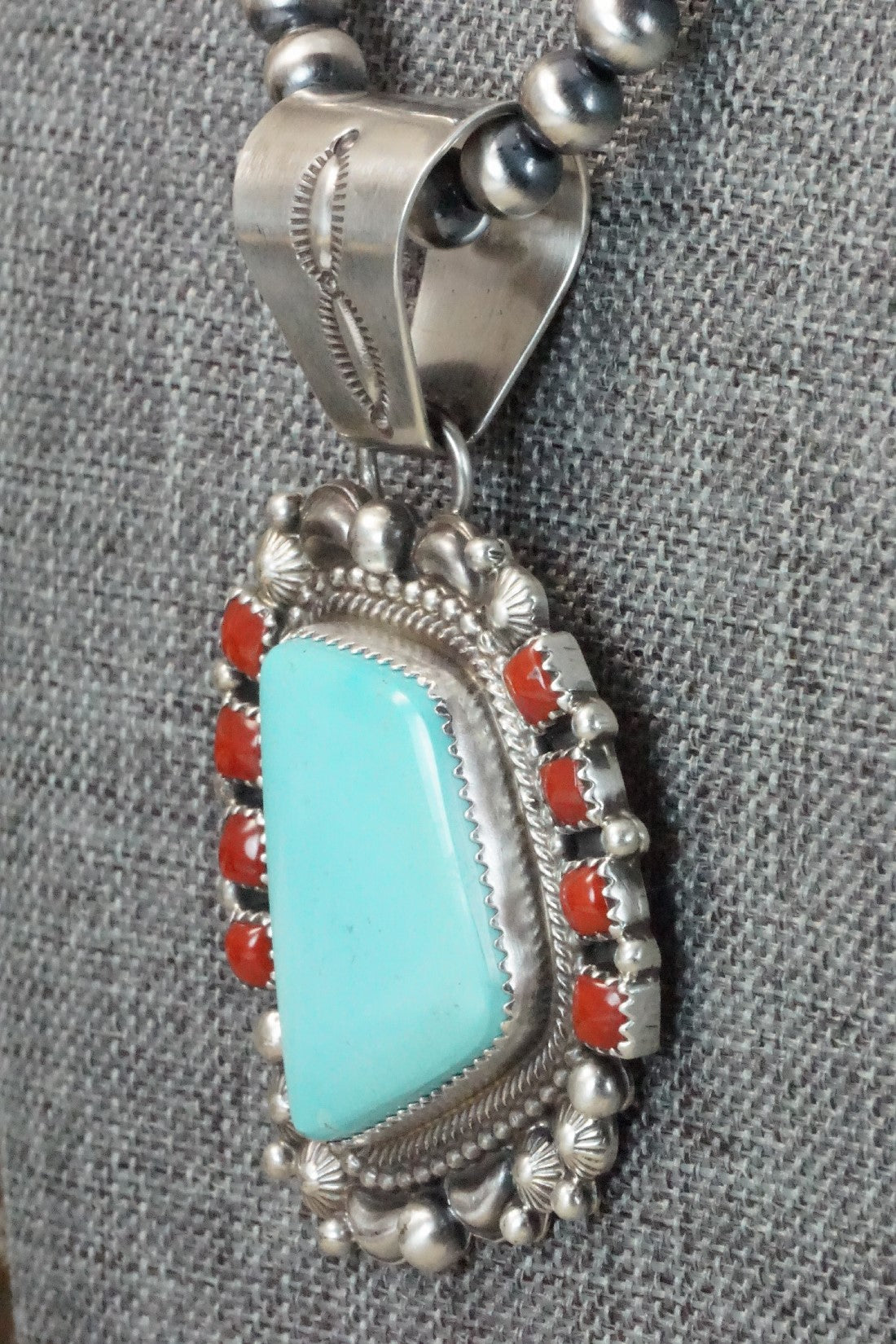 Turquoise, Coral Pendant & Sterling Silver Necklace - Tom Lewis