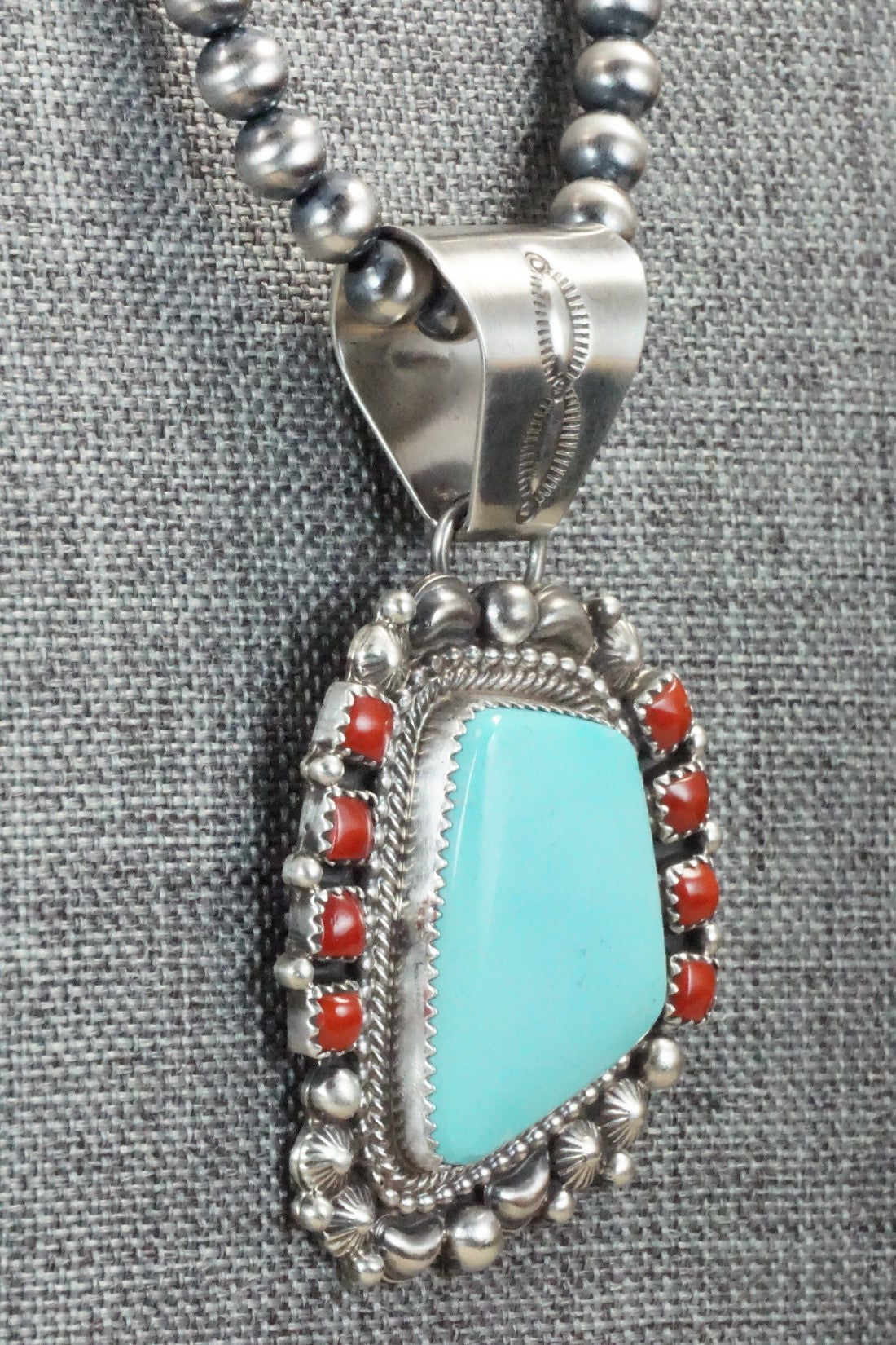 Turquoise, Coral Pendant & Sterling Silver Necklace - Tom Lewis