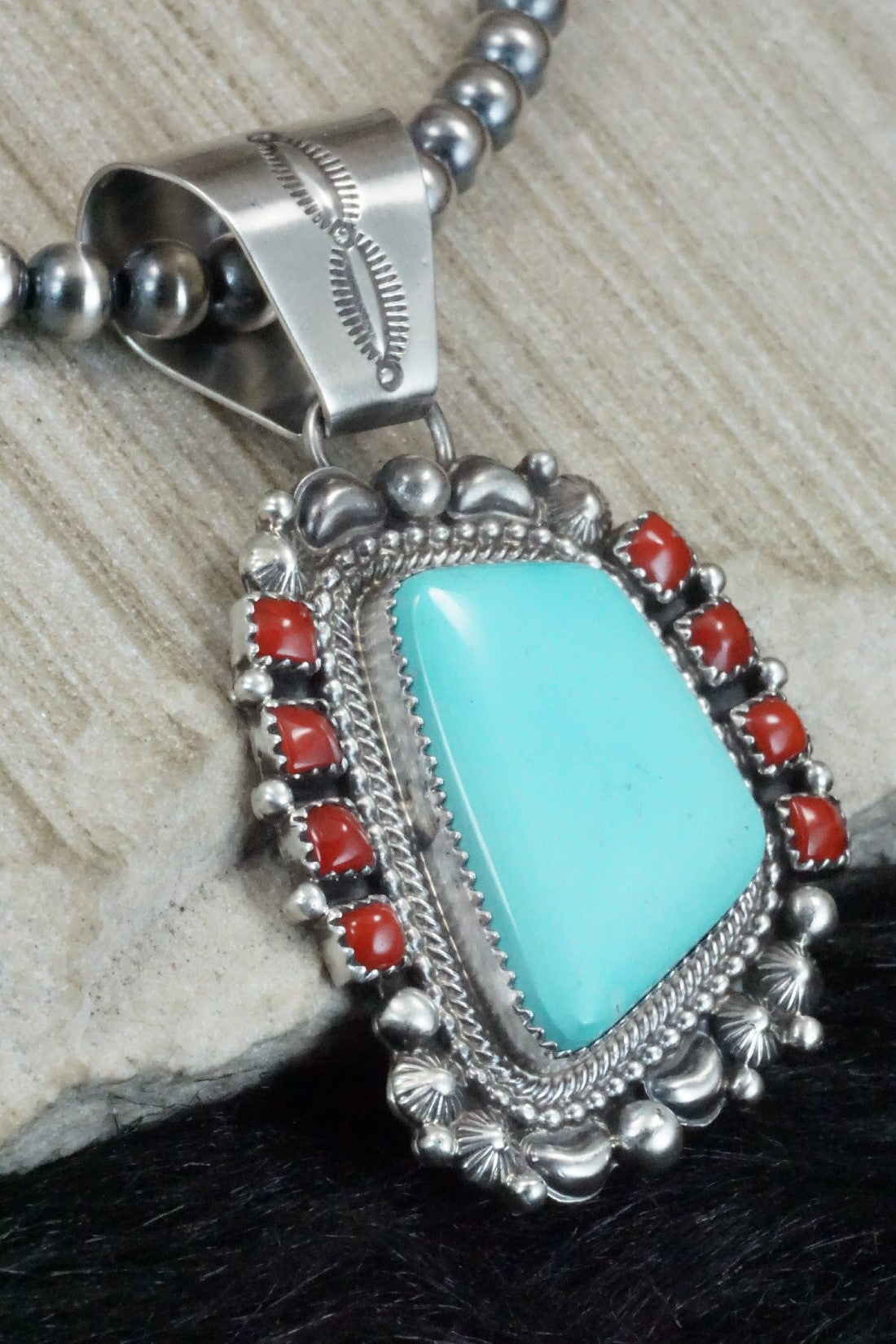 Turquoise, Coral Pendant & Sterling Silver Necklace - Tom Lewis