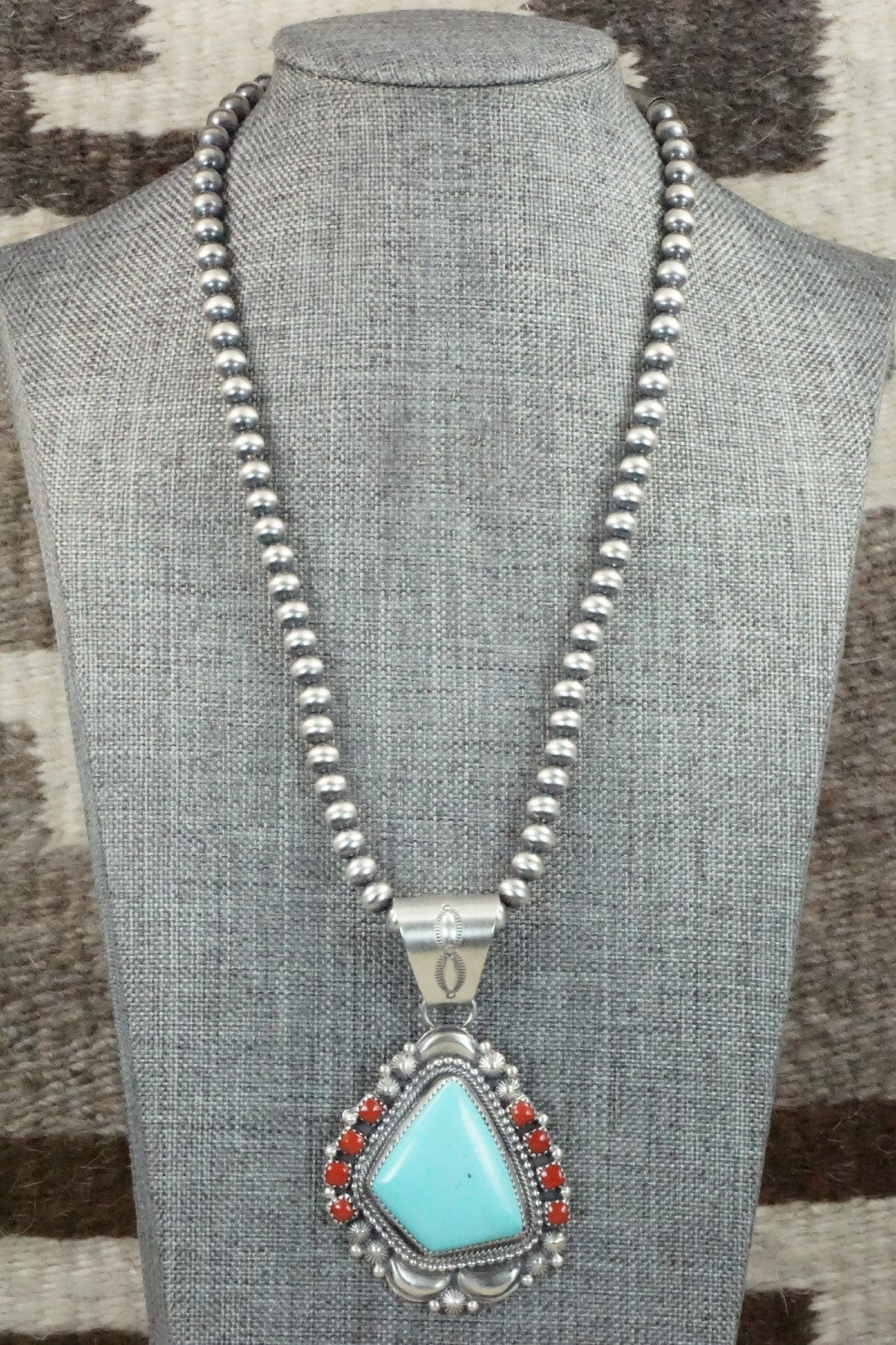 Turquoise, Coral Pendant & Sterling Silver Necklace - Tom Lewis