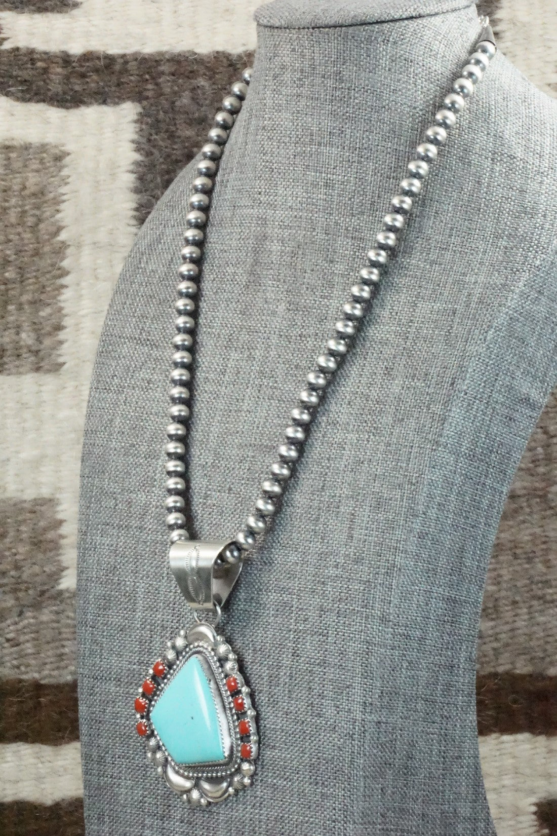 Turquoise, Coral Pendant & Sterling Silver Necklace - Tom Lewis