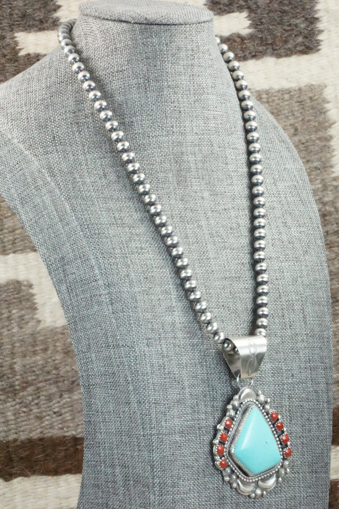 Turquoise, Coral Pendant & Sterling Silver Necklace - Tom Lewis