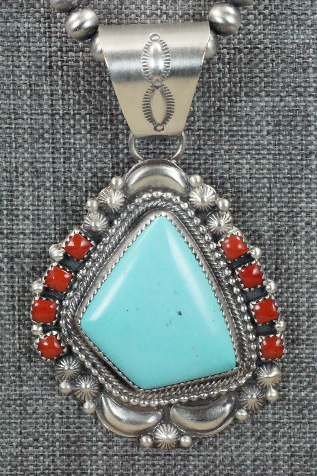 Turquoise, Coral Pendant & Sterling Silver Necklace - Tom Lewis