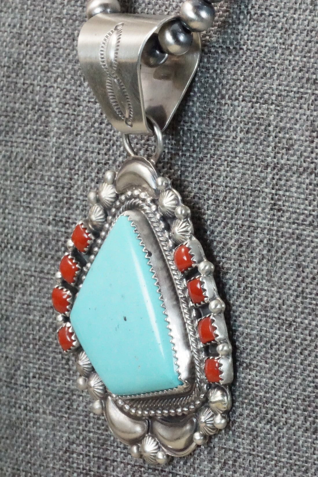 Turquoise, Coral Pendant & Sterling Silver Necklace - Tom Lewis