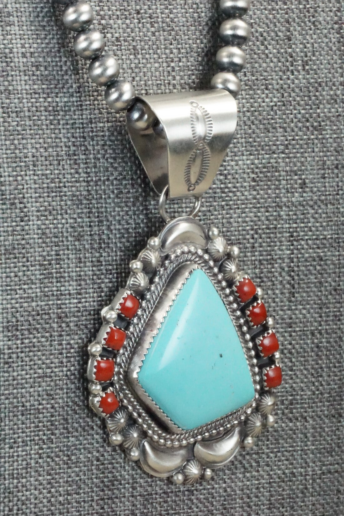 Turquoise, Coral Pendant & Sterling Silver Necklace - Tom Lewis