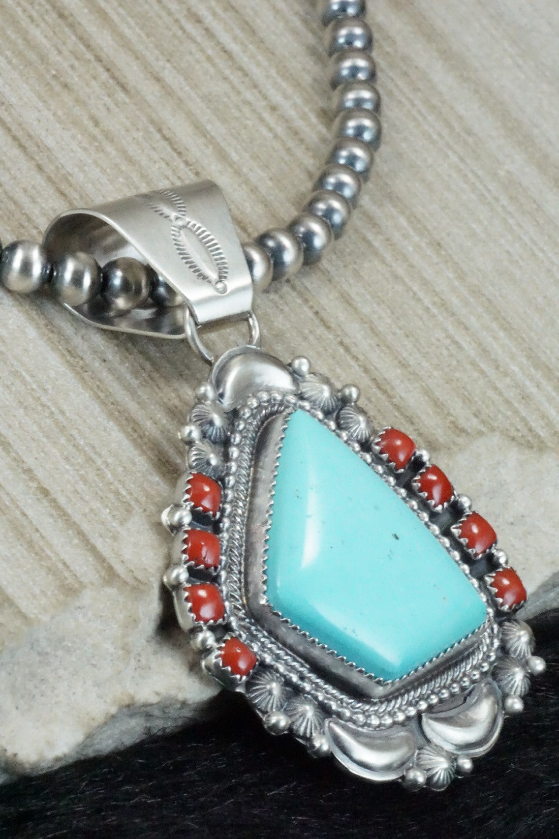 Turquoise, Coral Pendant & Sterling Silver Necklace - Tom Lewis