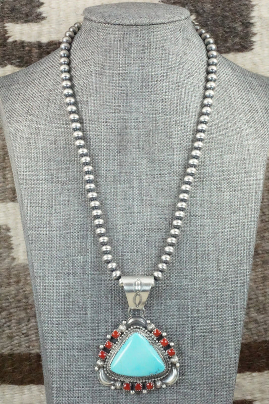 Turquoise, Coral Pendant & Sterling Silver Necklace - Tom Lewis