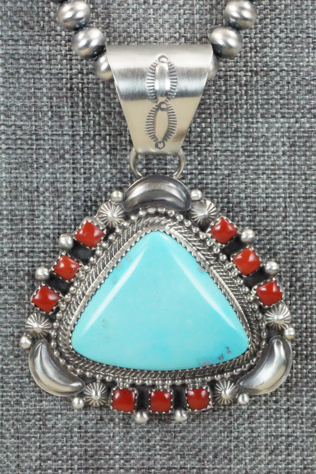 Turquoise, Coral Pendant & Sterling Silver Necklace - Tom Lewis