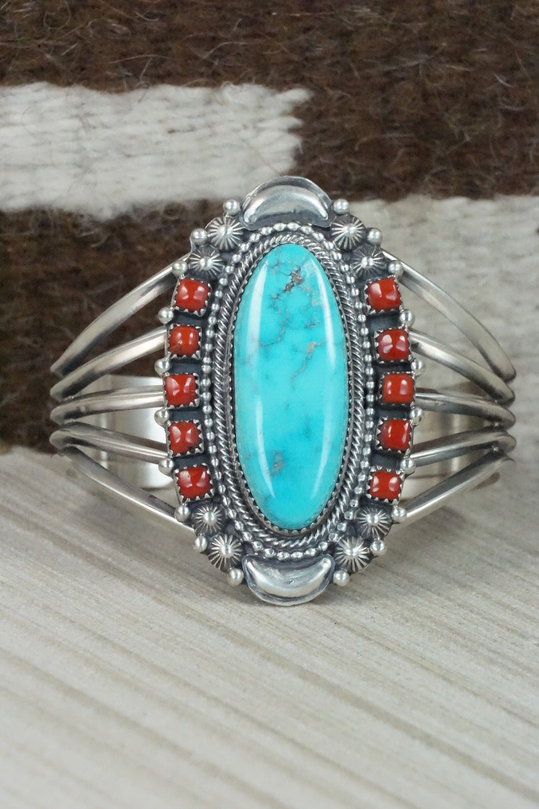 Turquoise, Coral and Sterling Silver Bracelet - Tom Lewis