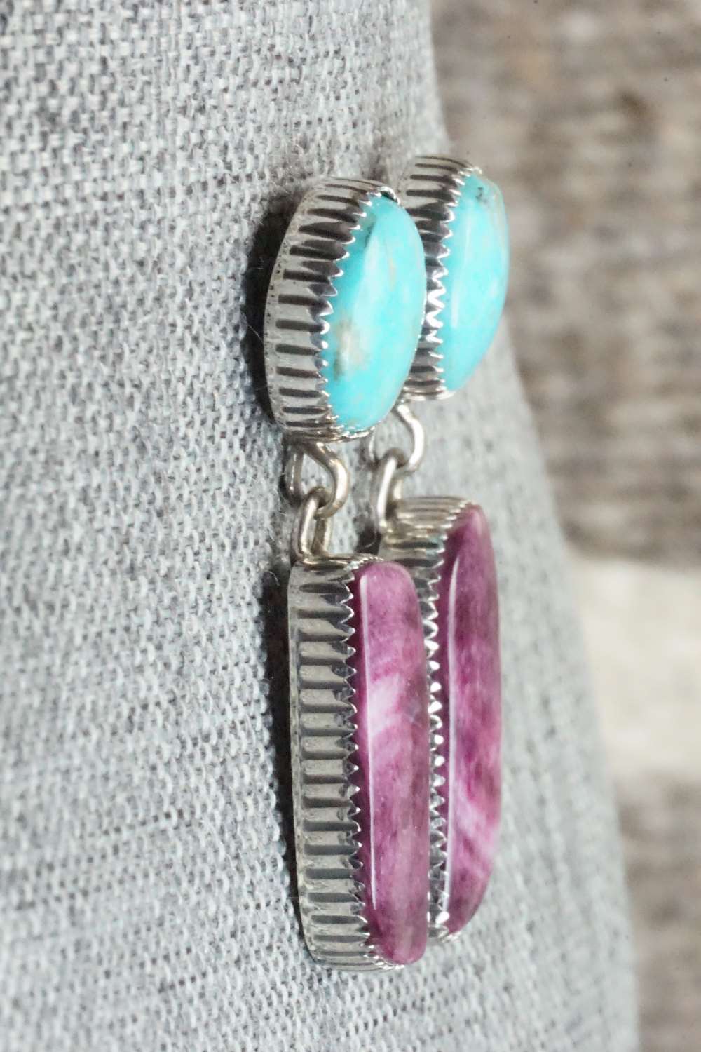 Turquoise, Spiny Oyster & Sterling Silver Earrings - Alvin Joe
