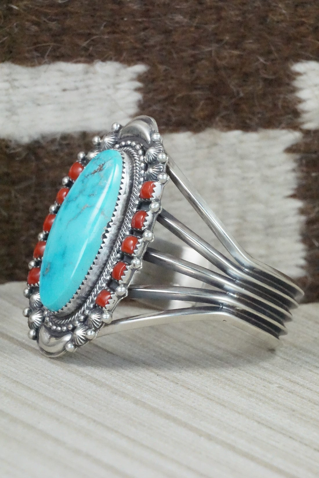 Turquoise, Coral and Sterling Silver Bracelet - Tom Lewis