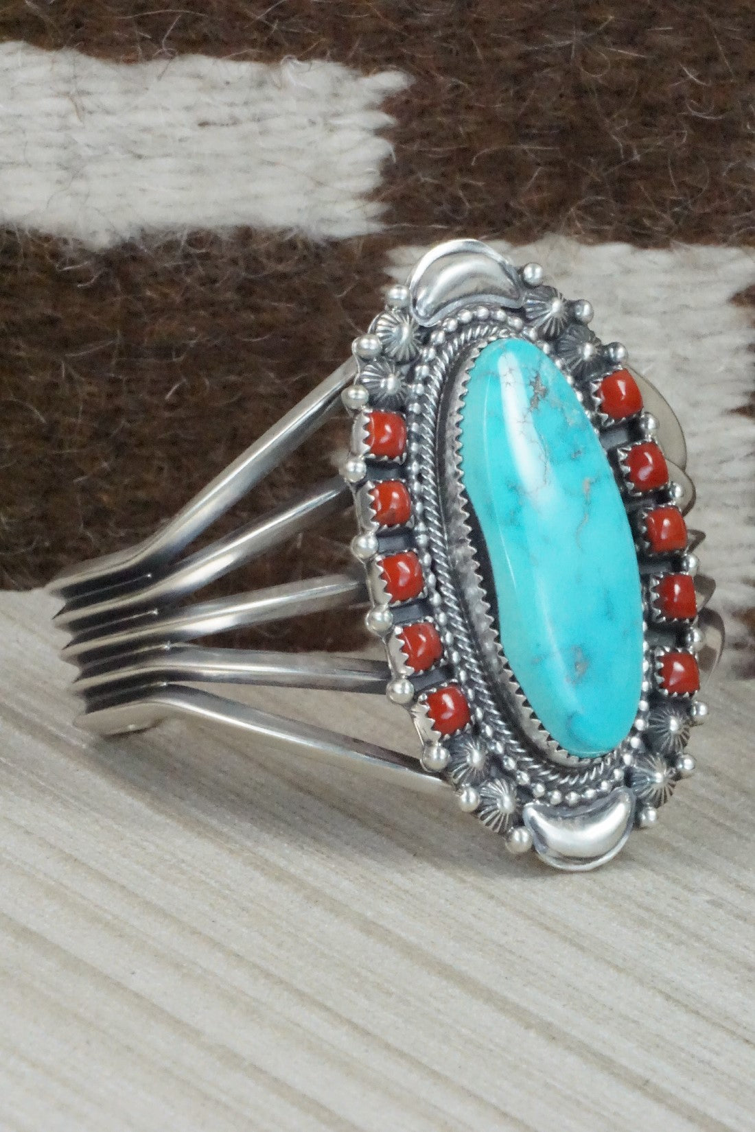 Turquoise, Coral and Sterling Silver Bracelet - Tom Lewis