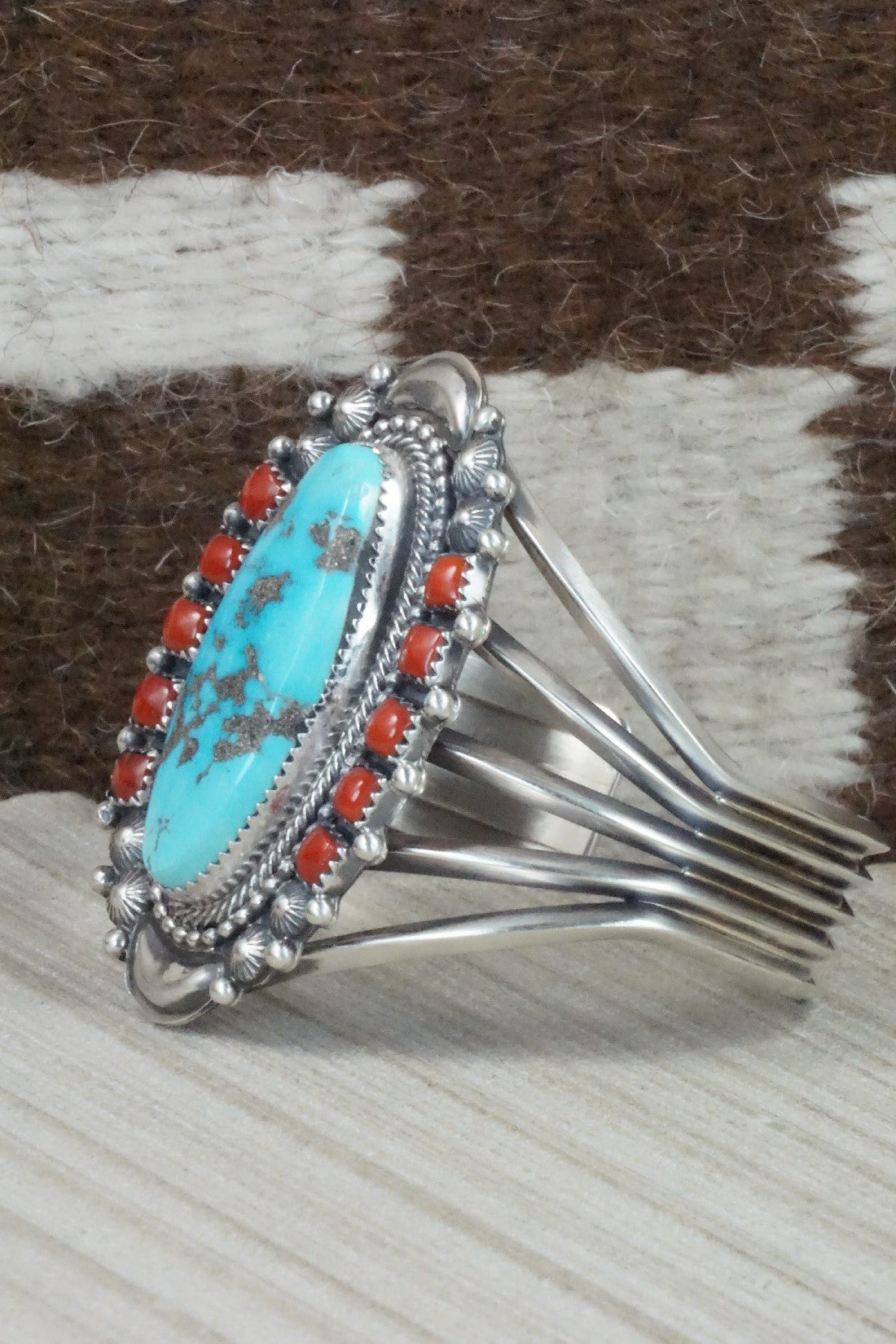 Turquoise, Coral and Sterling Silver Bracelet - Tom Lewis