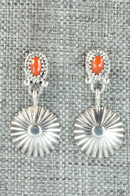 Coral & Sterling Silver Earrings - Adelarae Yazzie