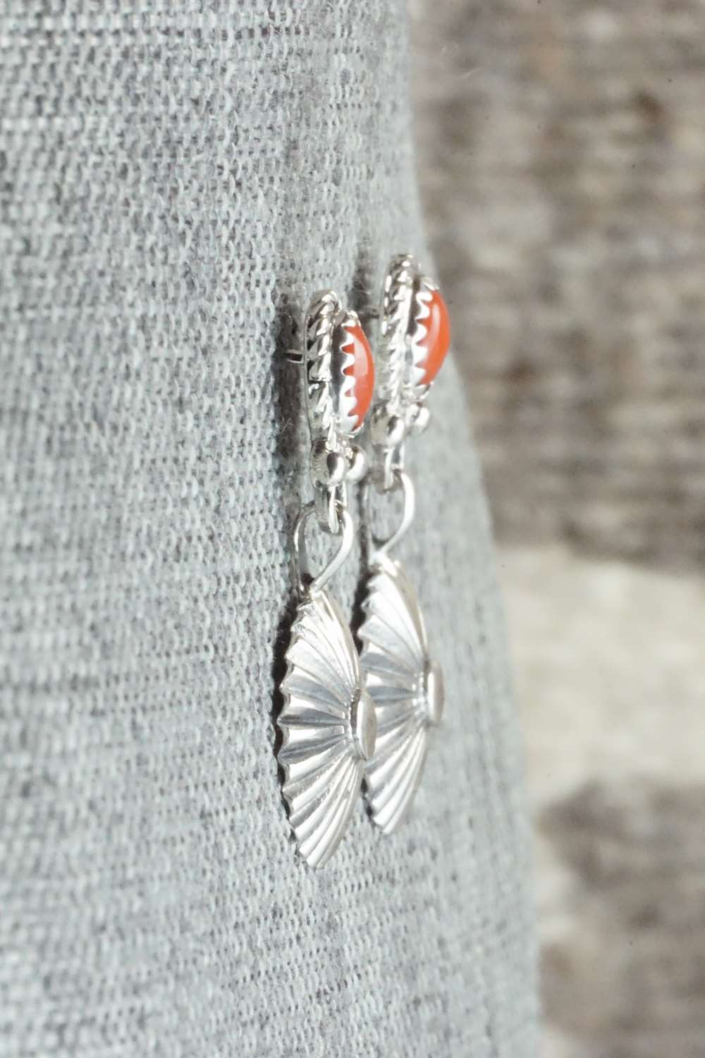 Coral & Sterling Silver Earrings - Adelarae Yazzie