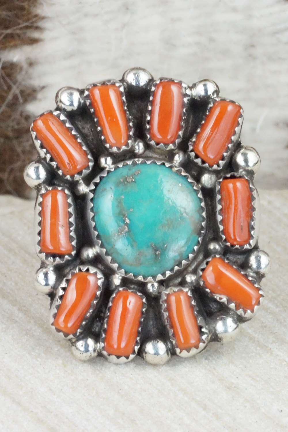 Turquoise, Coral & Sterling Silver Ring - Priscilla Reeder - Size 8.5