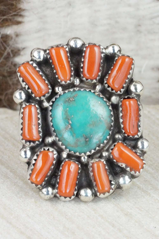 Turquoise, Coral & Sterling Silver Ring - Priscilla Reeder - Size 8.5