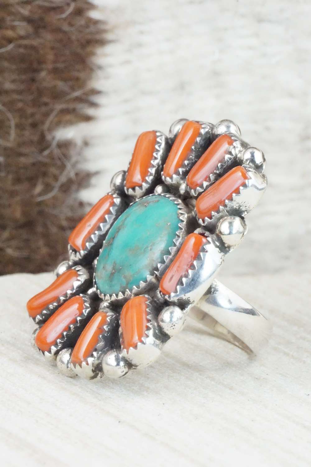 Turquoise, Coral & Sterling Silver Ring - Priscilla Reeder - Size 8.5