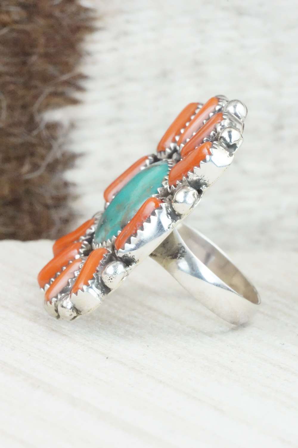 Turquoise, Coral & Sterling Silver Ring - Priscilla Reeder - Size 8.5