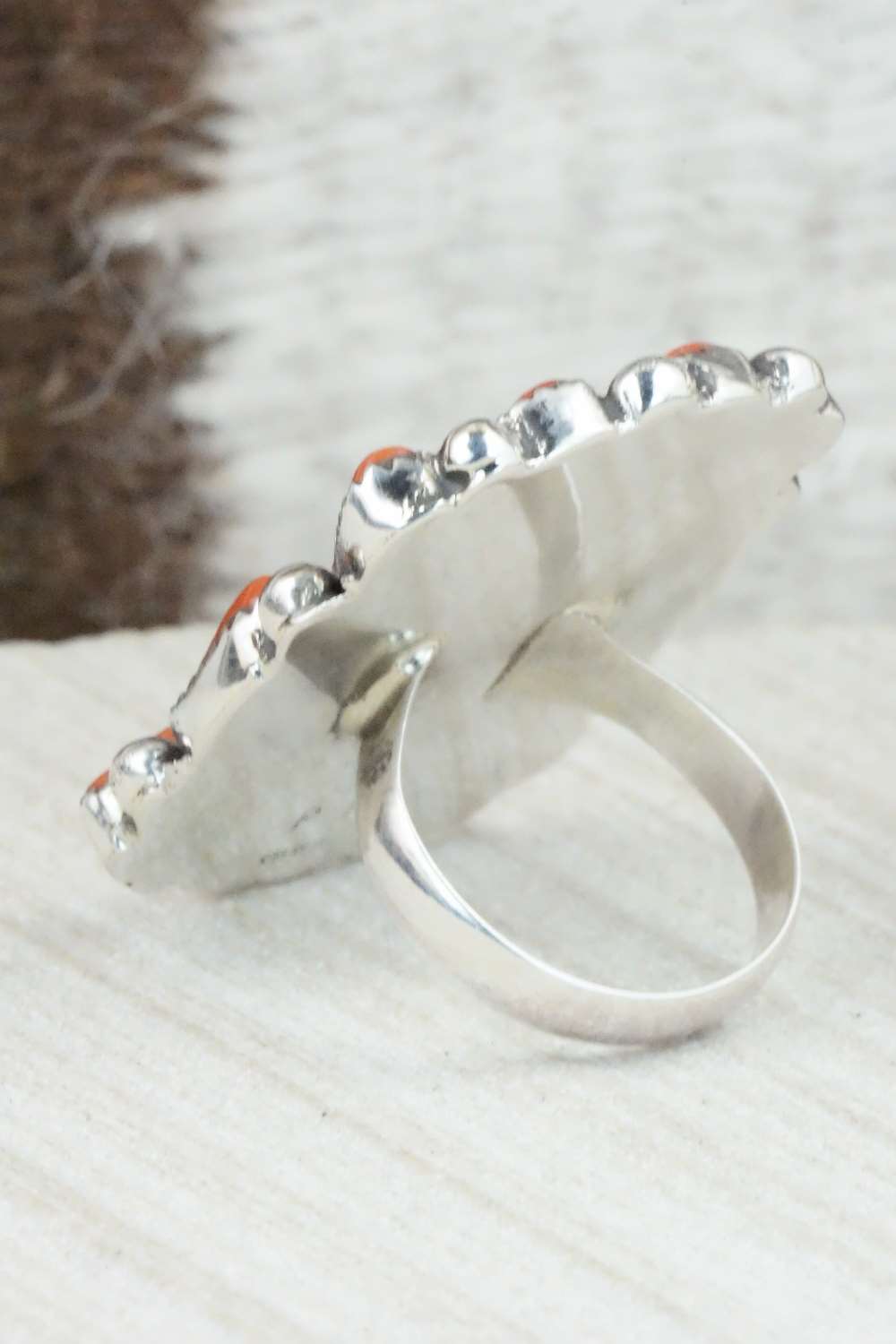 Turquoise, Coral & Sterling Silver Ring - Priscilla Reeder - Size 8.5