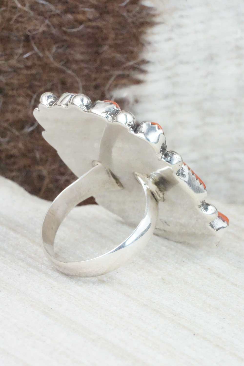 Turquoise, Coral & Sterling Silver Ring - Priscilla Reeder - Size 8.5