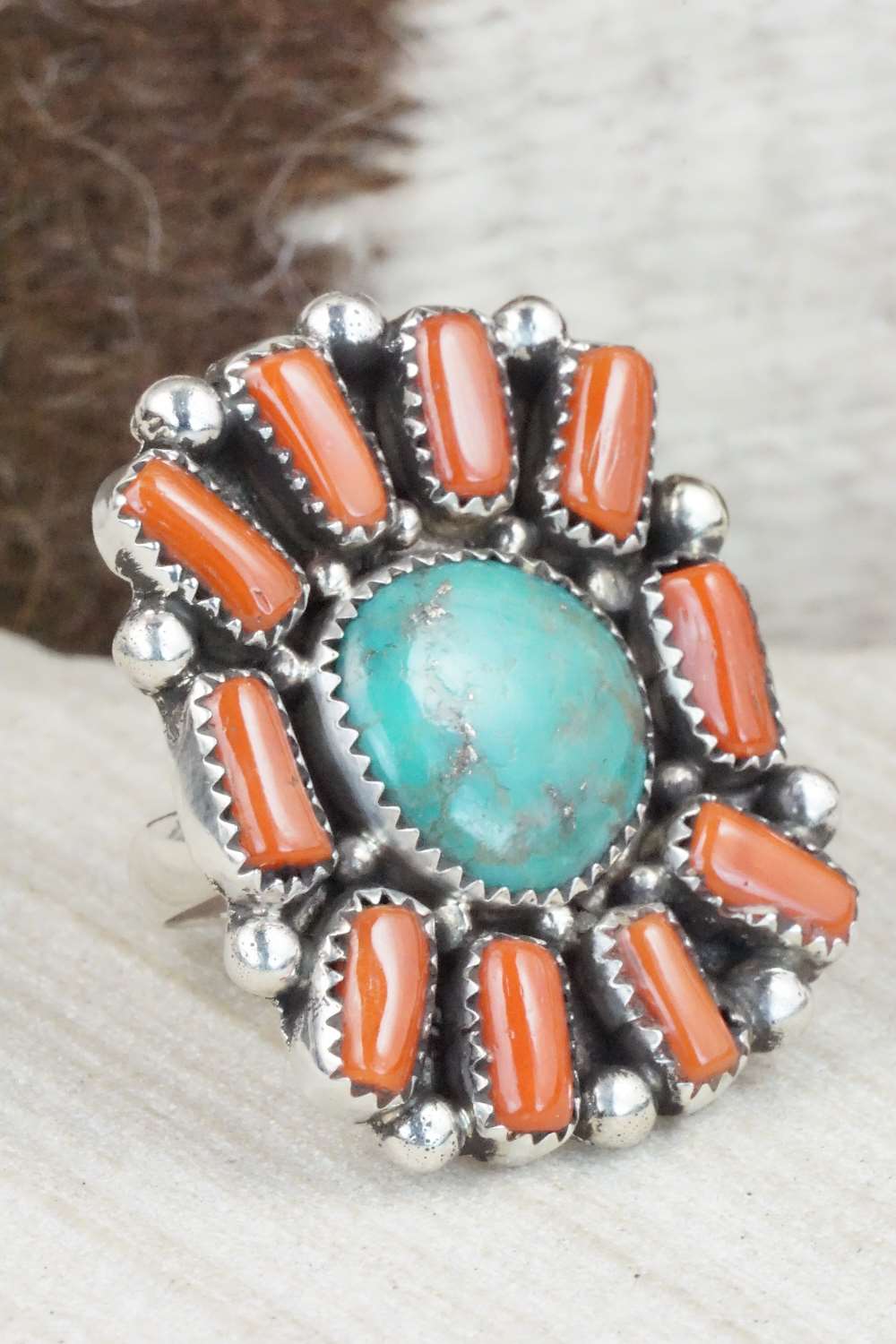 Turquoise, Coral & Sterling Silver Ring - Priscilla Reeder - Size 8.5
