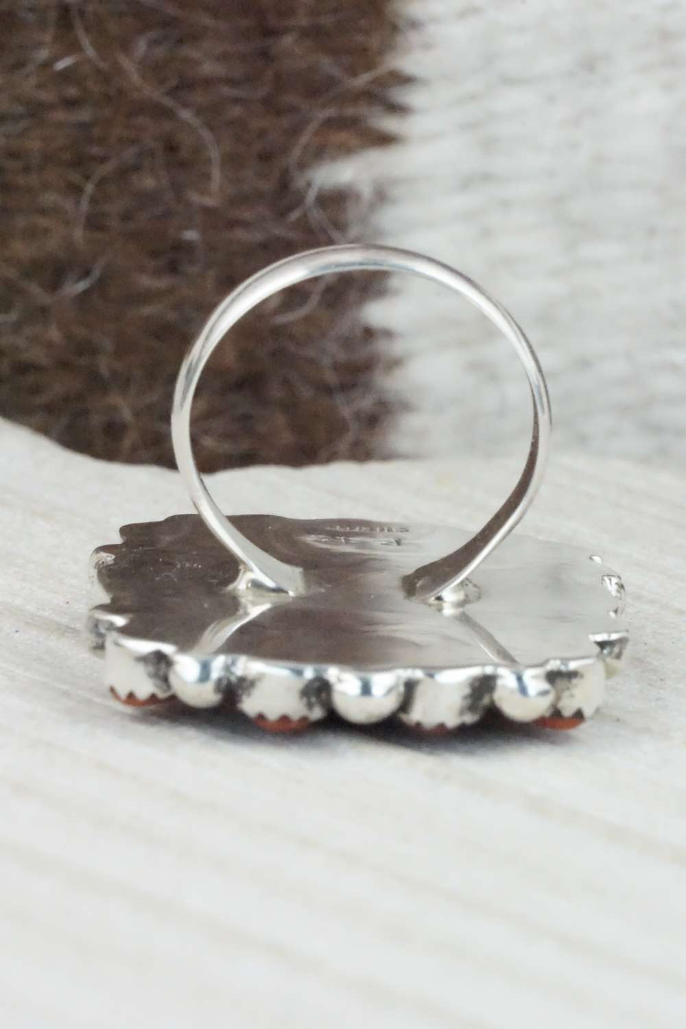 Turquoise, Coral & Sterling Silver Ring - Priscilla Reeder - Size 8.5