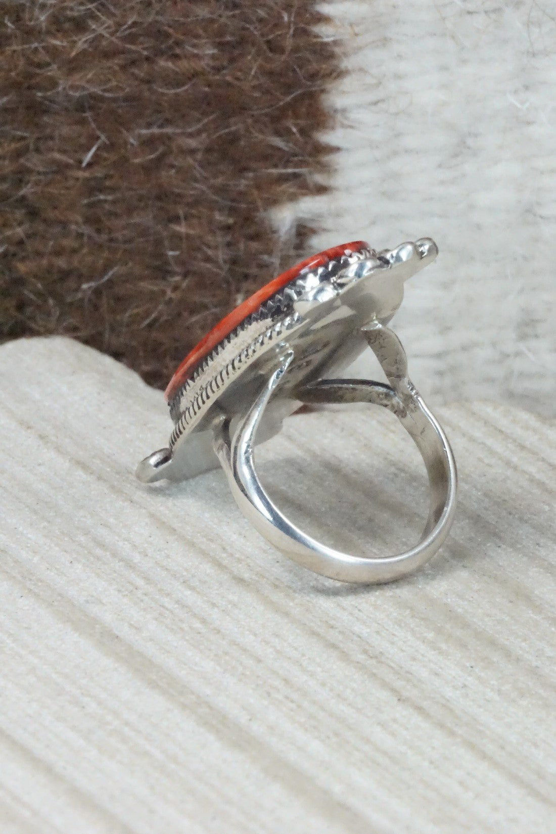 Spiny Oyster & Sterling Silver Ring - Selina Warner - Size 6.5