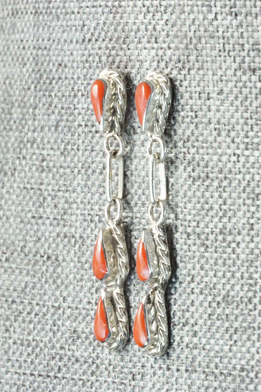 Coral & Sterling Silver Earrings - Zuni