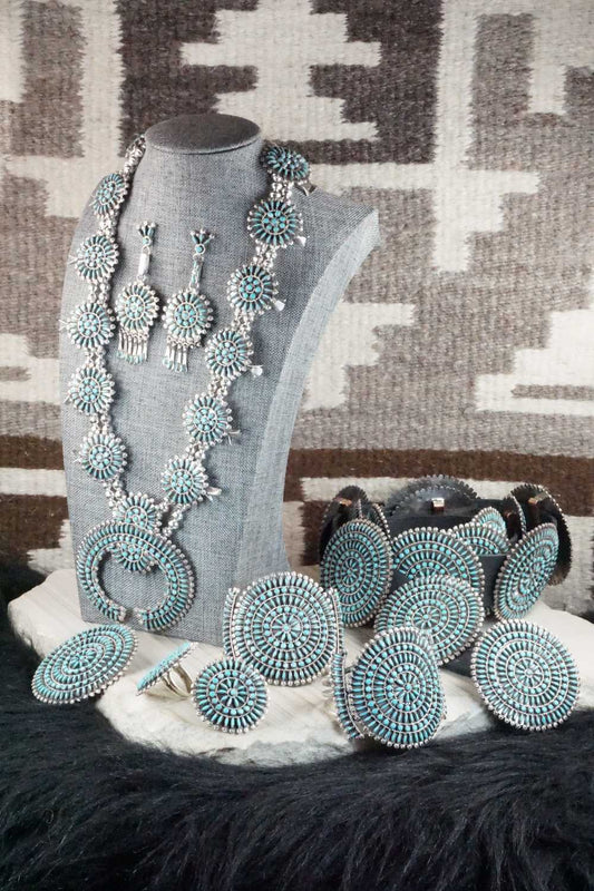 Turquoise & Sterling Silver Squash Blossom Necklace Set - Merlinda Chavez