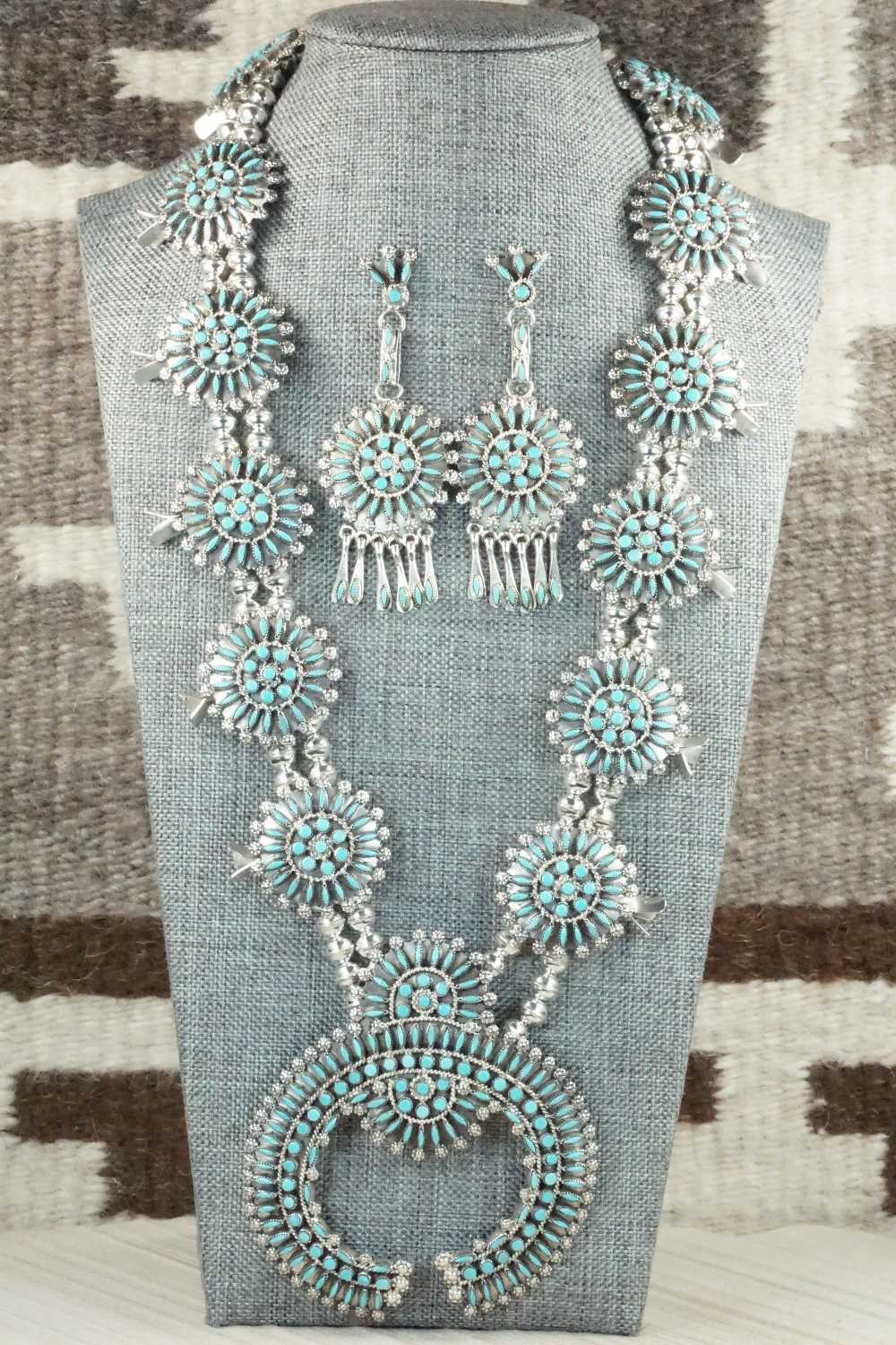 Turquoise & Sterling Silver Squash Blossom Necklace Set - Merlinda Chavez