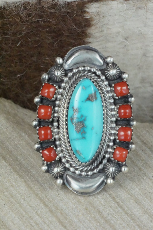 Turquoise, Coral & Sterling Silver Ring - Tom Lewis - Size 8.5