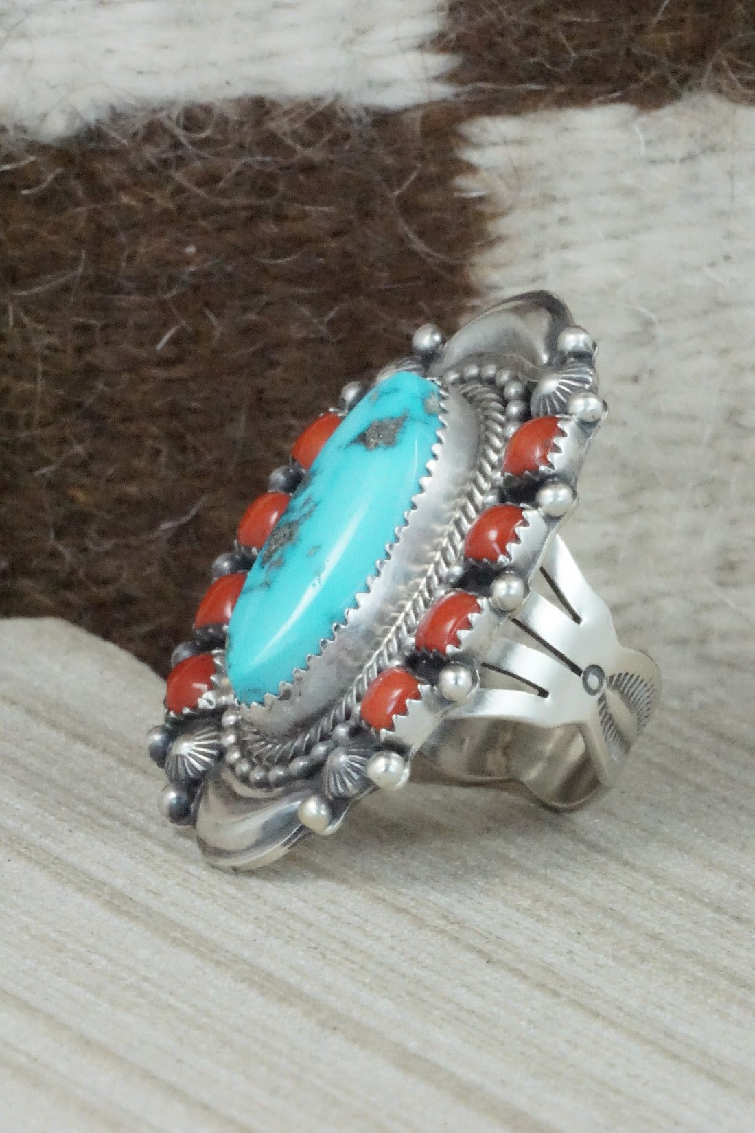 Turquoise, Coral & Sterling Silver Ring - Tom Lewis - Size 8.5