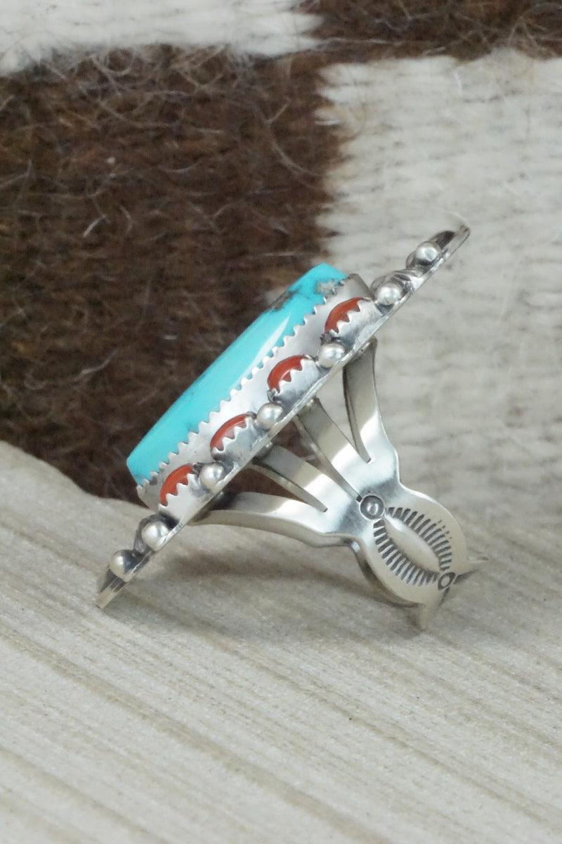Turquoise, Coral & Sterling Silver Ring - Tom Lewis - Size 8.5