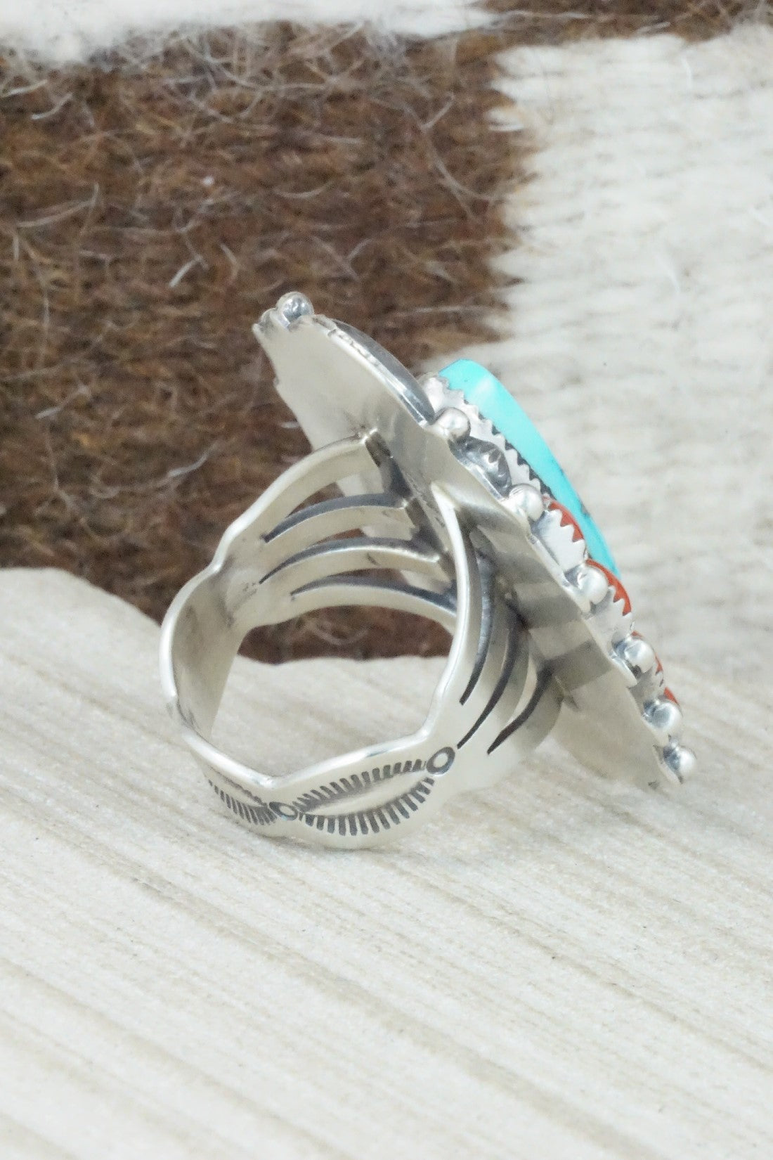 Turquoise, Coral & Sterling Silver Ring - Tom Lewis - Size 8.5