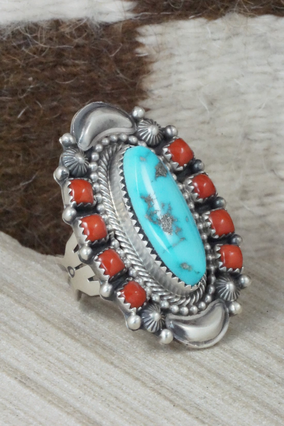 Turquoise, Coral & Sterling Silver Ring - Tom Lewis - Size 8.5