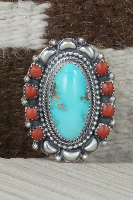 Turquoise, Coral & Sterling Silver Ring - Tom Lewis - Size 6