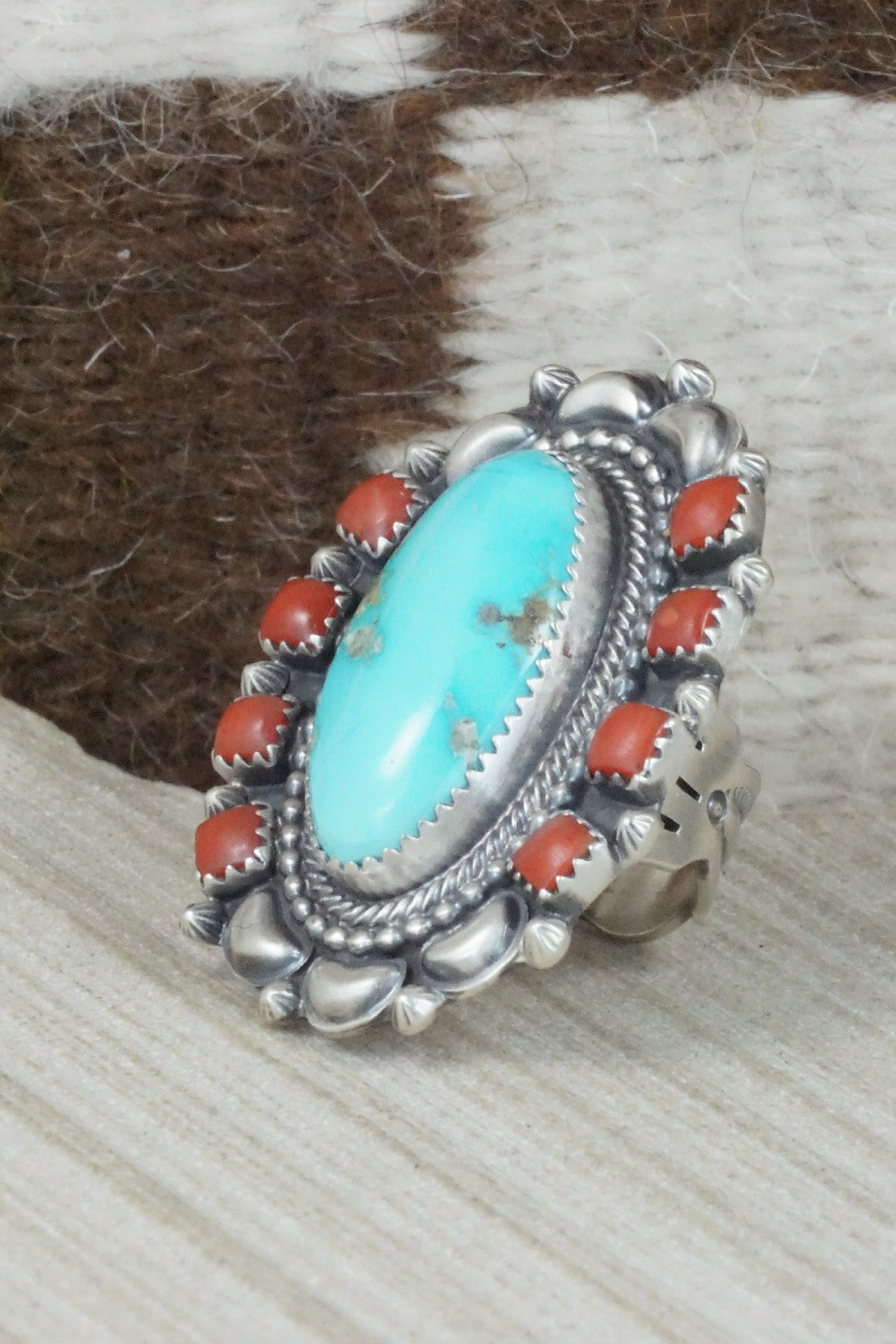 Turquoise, Coral & Sterling Silver Ring - Tom Lewis - Size 6