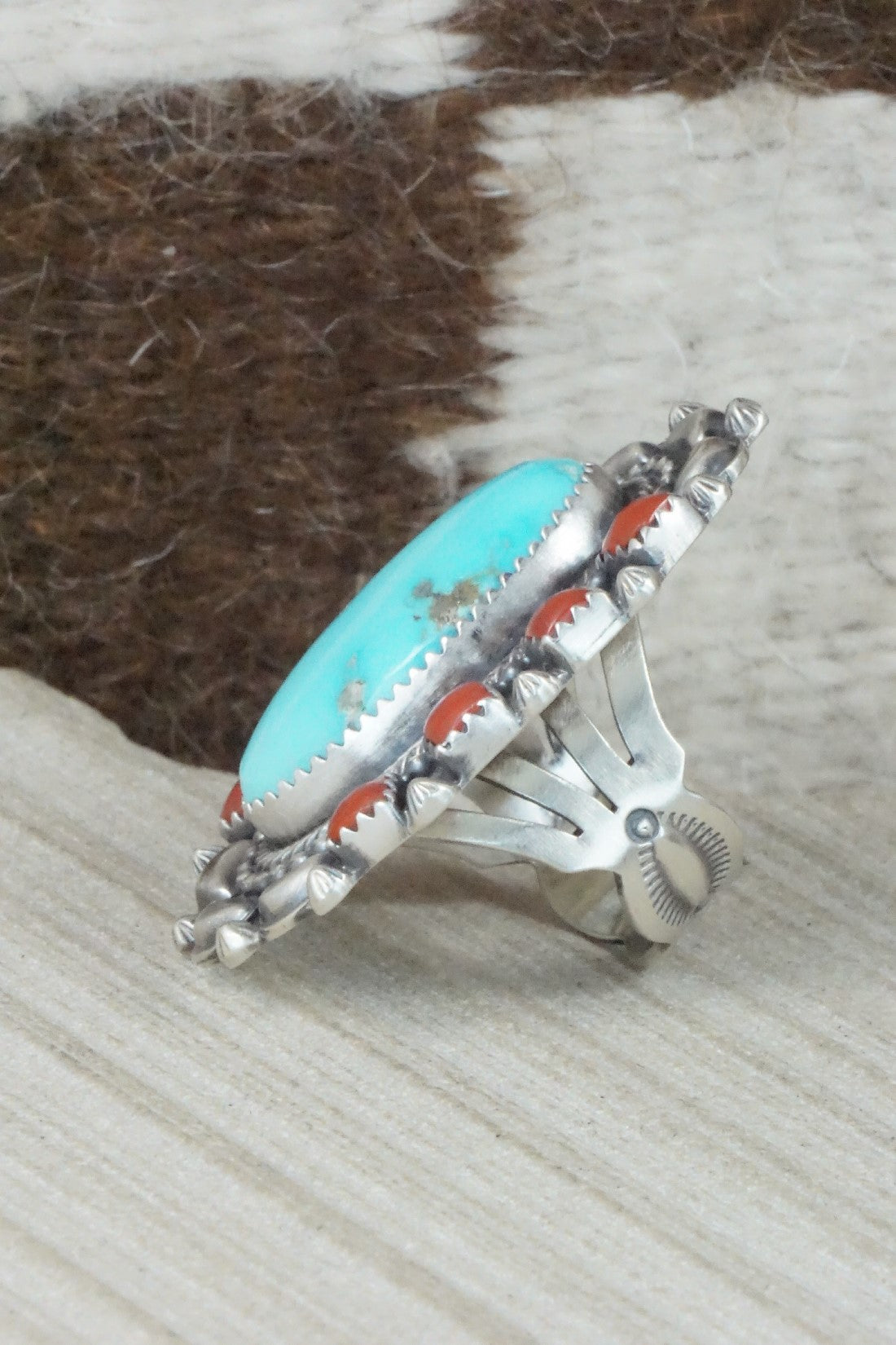 Turquoise, Coral & Sterling Silver Ring - Tom Lewis - Size 6